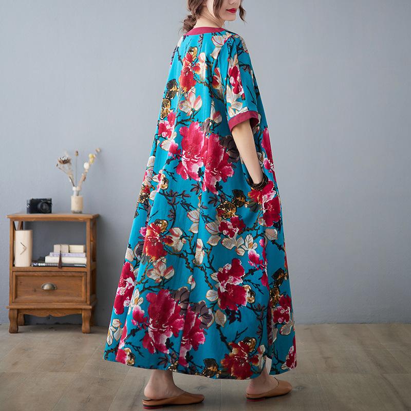 Летнее свободное платье большого размера в китайском стиле с V-образным вырезом, контрастное хлопковое льняное платье с короткими рукавами, утягивающее, средней длины, для женщин, платья