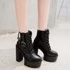 Autumn Women Ankle Boots Party Thick High Heels Female Shoes Black Gothic Buckle Lace-up Short Boots