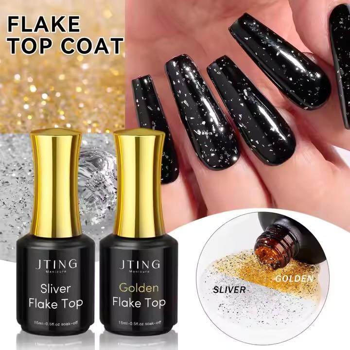 JTING hot popular gold silver foil flake top coat gel polish OEM ODM private label flake nail gel esmaltes en gel efecto flake