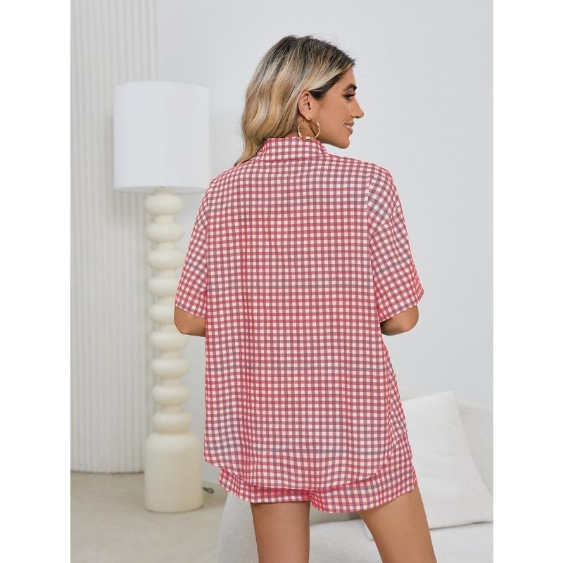 YYFS Женская мода повседневная летняя весенняя клетчатая рубашка с коротким рукавом и воротником-поло, брюки, костюмы