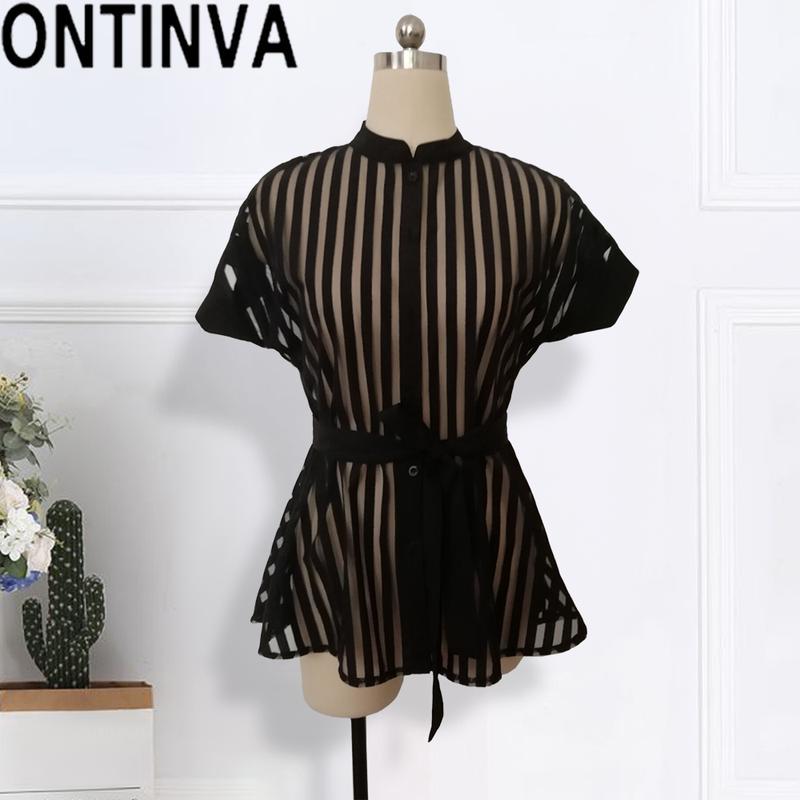 Женские рубашки, прозрачные прозрачные короткие рукава с пуговицами на поясе, сексуальные блузки, топы, женские весенне-летние модные блузки