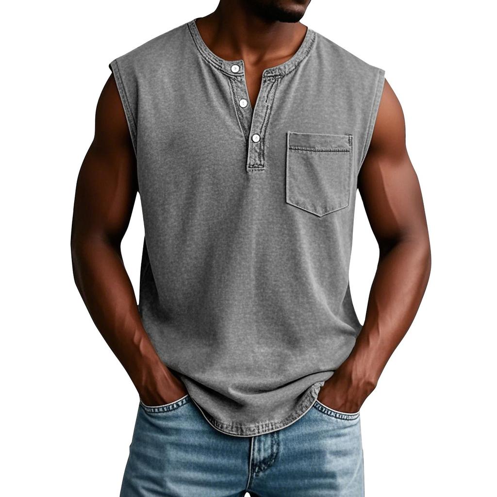 Men's Summer Solid Color Pocket Sports Buttons Vest Men's Sports Casual Vest