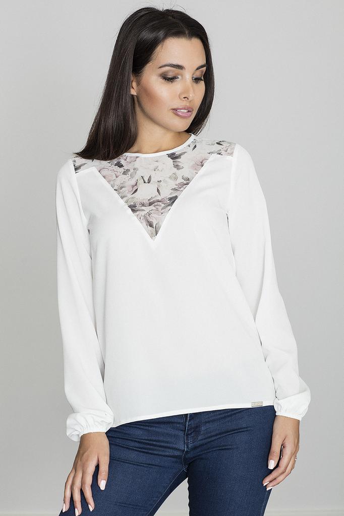 Elegant blouse with a floral neckline, ecru M549, size