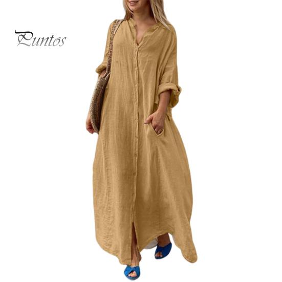Spring Summer Women Dress Plus Size Loose Pure Color Single-breasted Pockets V Neck Long Sleeves Split Hem Soft Breathable Casual Ankle Length Maxi