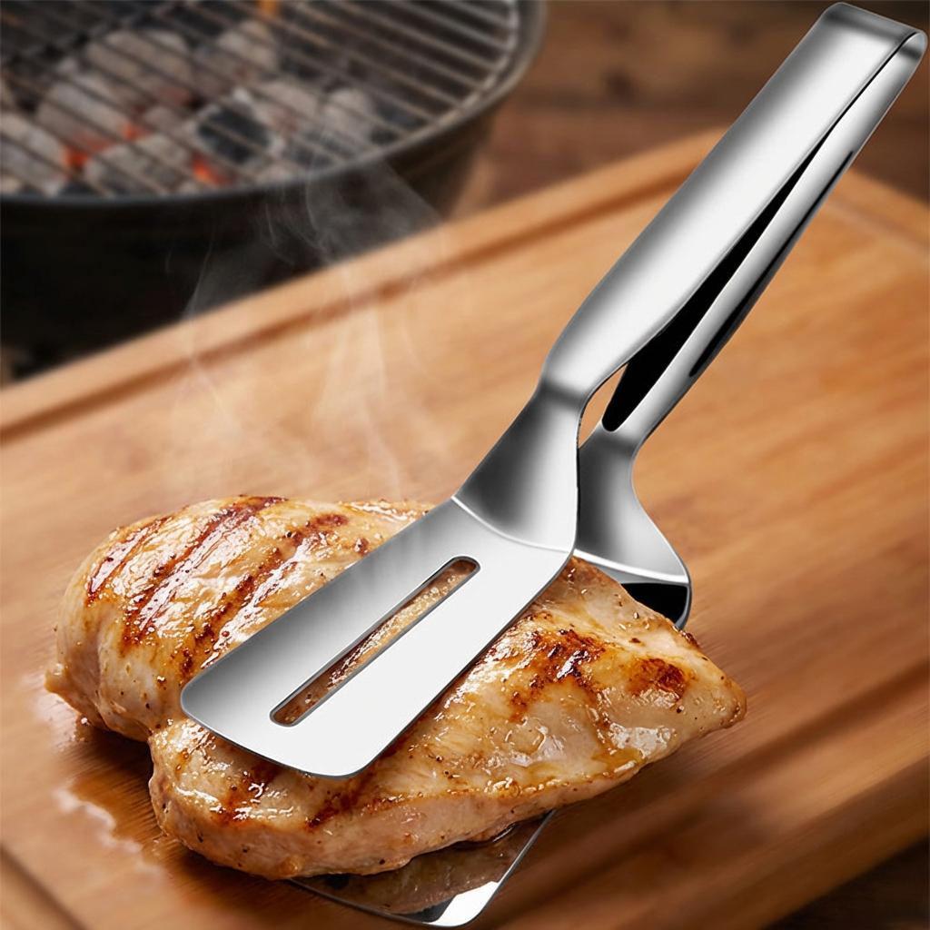 Durable Stainless Steel Steak Clip - Multifunctional Grill Tongs with Spatula, Essential BBQ Tool for Steak & Meat
