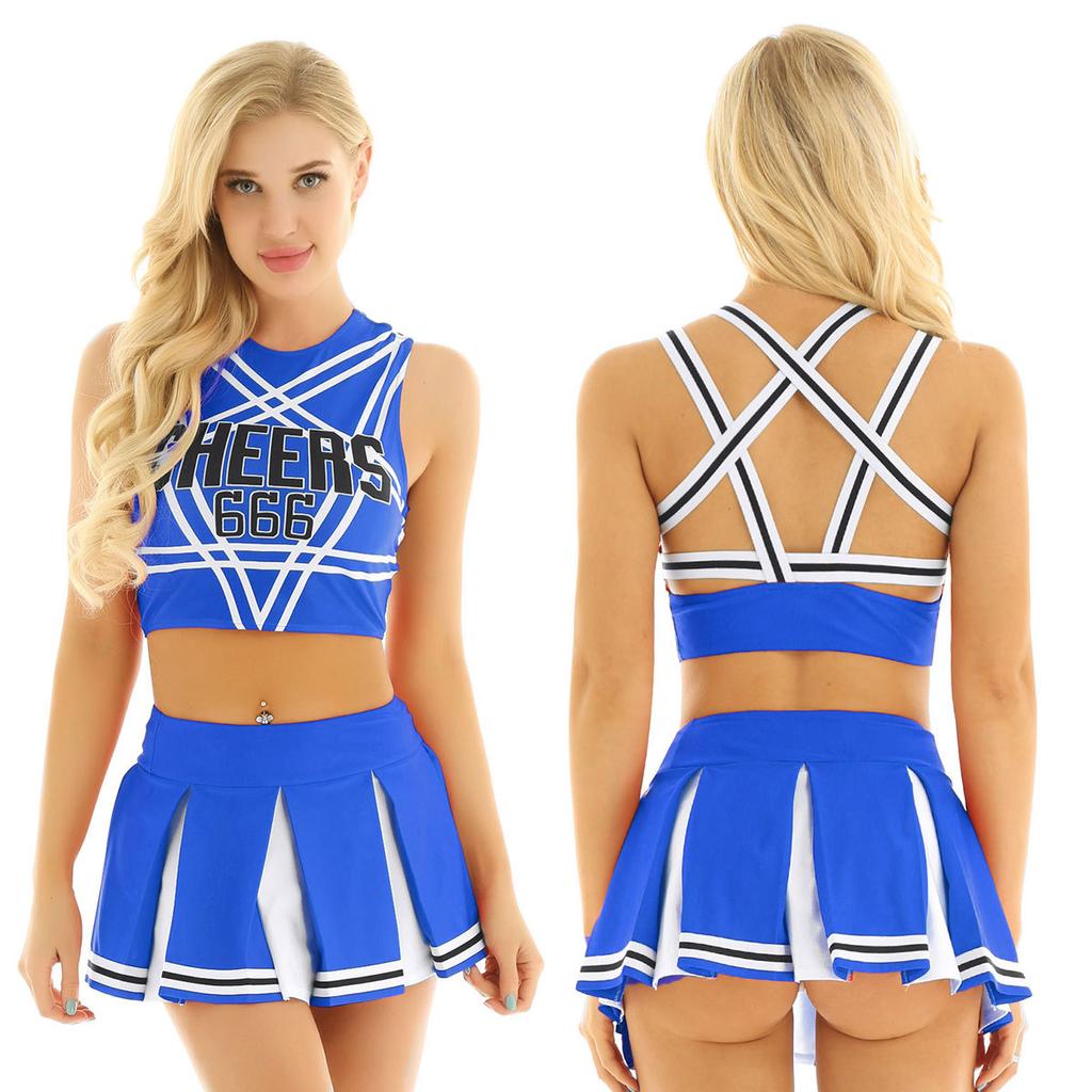 Women Cosplay Uniform Sleeveless Crop Top with Mini Pleated Skirt Cheerleader Costume Set