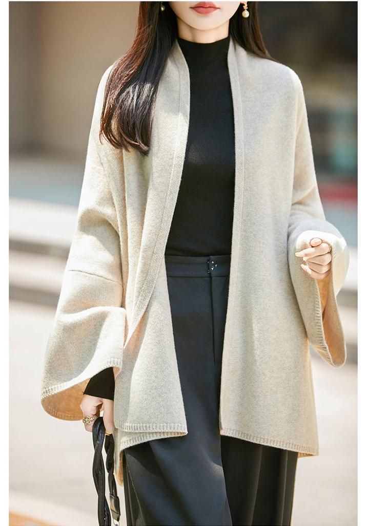 Women's 100% Wool V-neck Loose Knit Pullover Shawl - Solid Color Casual Sweater for Autumn/Winter