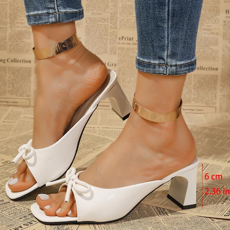 Fashion Elegant Ladies Slip On Bowknot Sandals 2025 Patent Leather Square Toe High Heels Mules Shoes Woman Plus Size 42 Sandalias Mujer