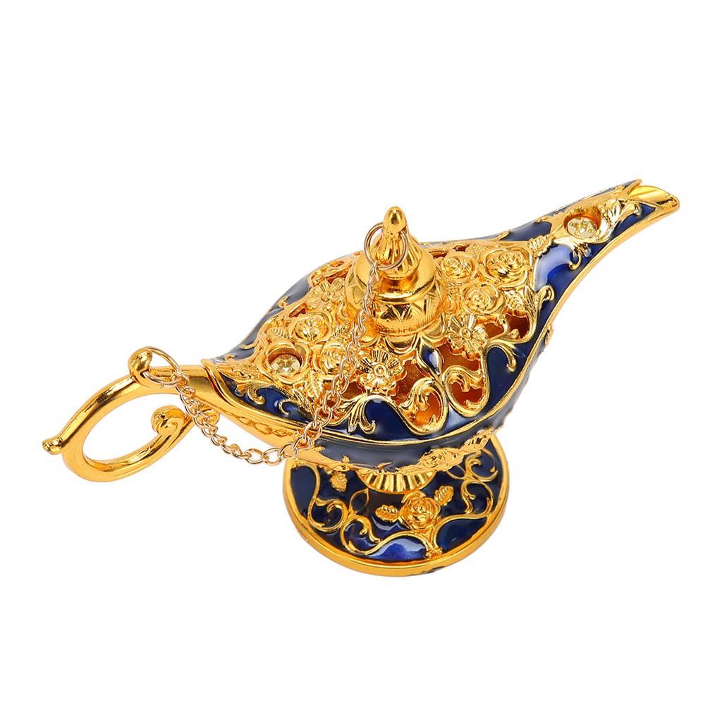 Genie Lamp Vintage Decoration Collectable Rare Small Zinc Alloy Legend Genie Light Gold Sapphire Blue