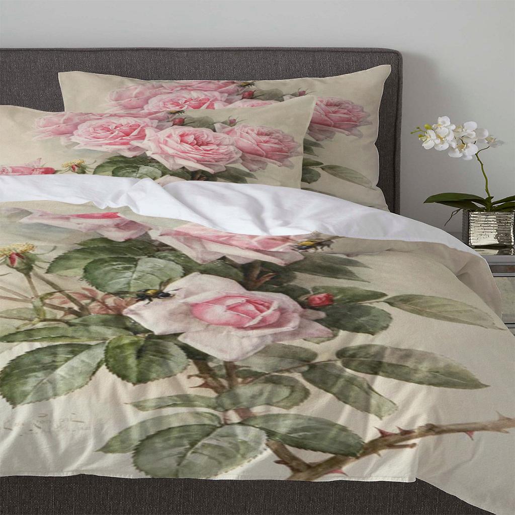 Modern Classic Double Pink Flower Rose Vintage With Pillow Case Custom 3pcs Bed Home Textile Quilt