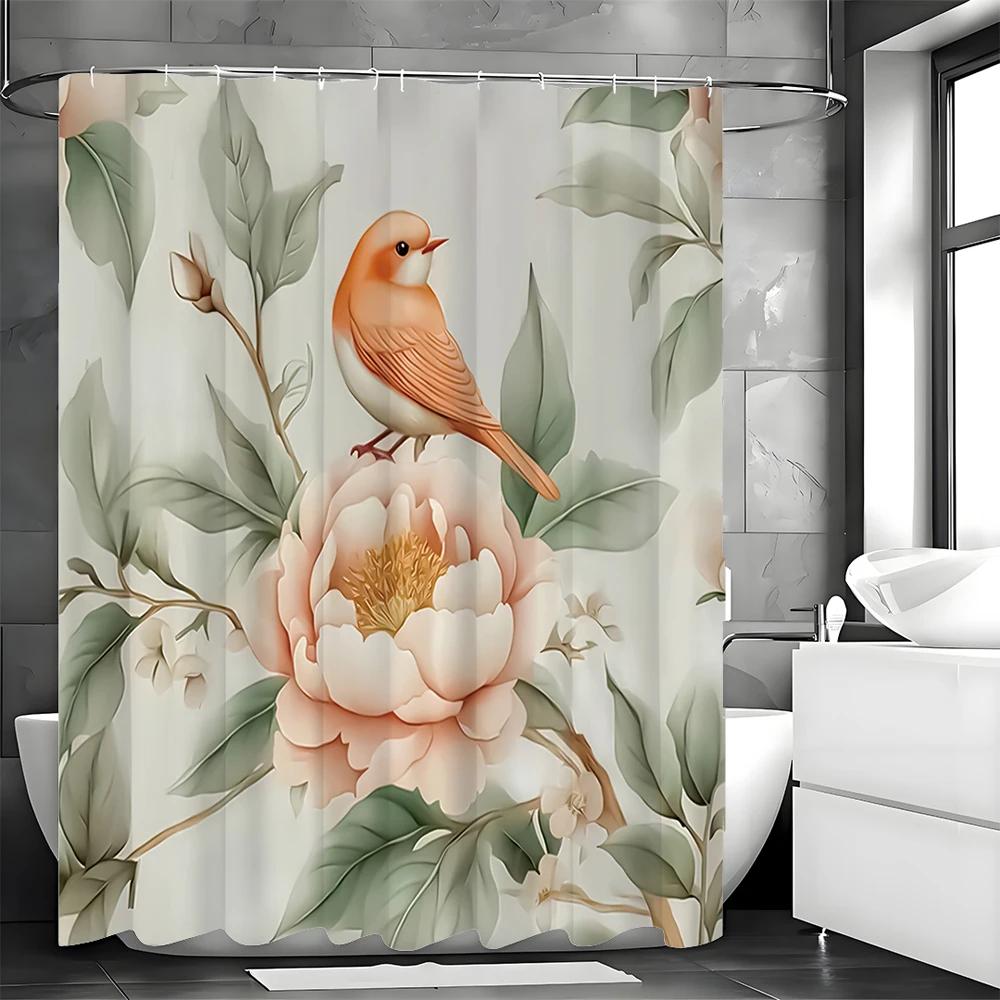 Розовая цветочная шторка для душа с пионами и птицами, Декоративная шторка для душа для ванной комнаты, Водонепроницаемая шторка для душа с крючками