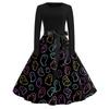 Women's Casual Retro Halloween Dress Long Sleeve Round Neck Vintage Fit and Flare Dress with Bat Print and Waist Tie Belt for Everyday Wear
