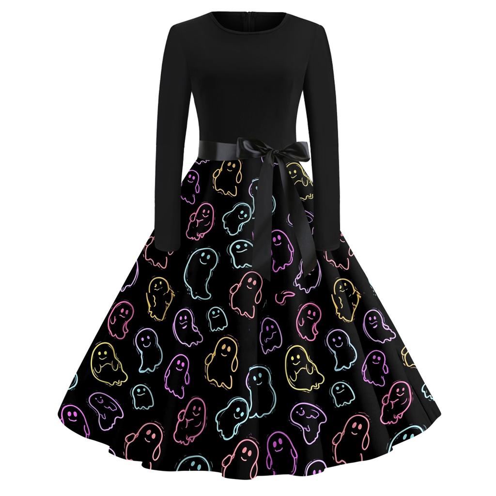 Women's Casual Retro Halloween Dress Long Sleeve Round Neck Vintage Fit and Flare Dress with Bat Print and Waist Tie Belt for Everyday Wear