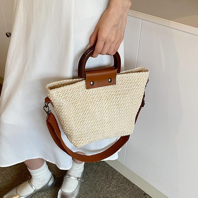 Летняя женская сумка через плечо с деревянной ручкой, плетеная соломенная сумка, бохо, повседневная женская пляжная мода, сумки через плечо