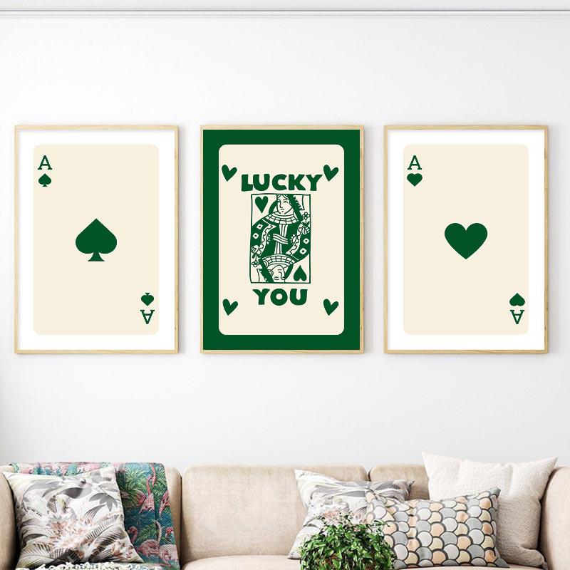 Забавный постер на холсте Lucky You, модный ретро-зеленый постер с тузом, настенное искусство, скандинавский покер, картина для спальни, гостиной, домашний декор