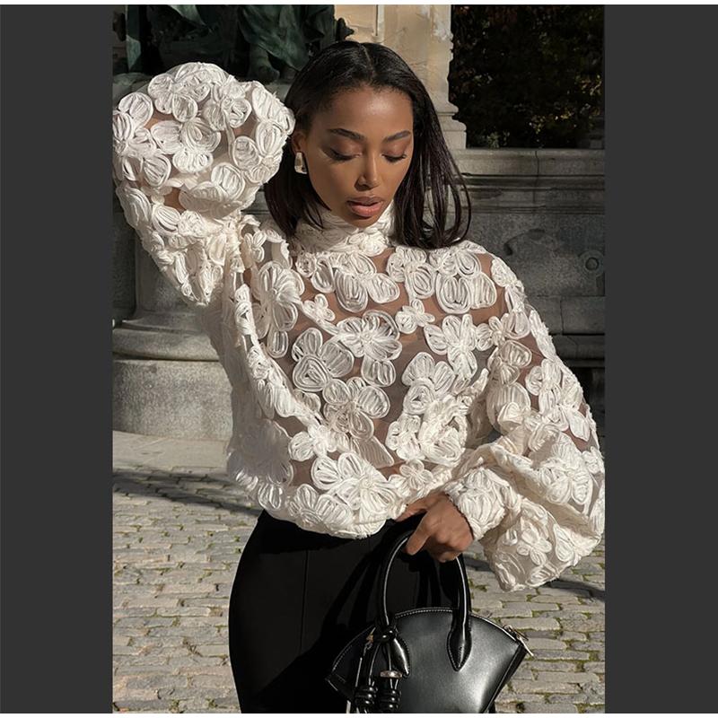 High Neck Stereo Flower Shirt Lace Hollow Out Top Perspective Organza Long Sleeved Trendy French Blouse Smock Women