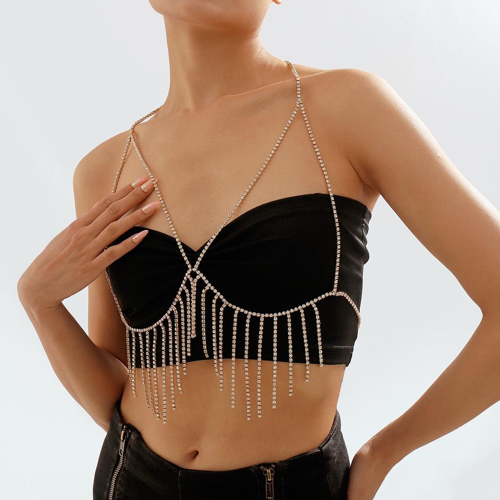Exaggerated Beach Bikini Sexy Body Chain Fashionable Metal Tassel Diamond Temperament Chest Chain