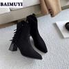 Suede Fringe High Heels Ankle Boots Pointed Toe Women Shoes Winter New 2025 Trend Elegant Dress Chunky Party Pumps Botas Mujer