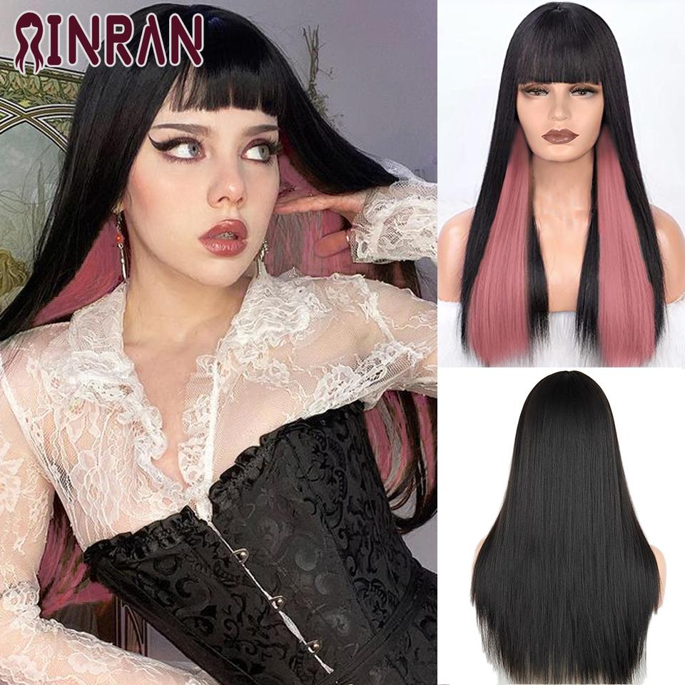 XINRAN Long Straight Wine Red Wig With Bang Synthetic Wigs for Women Heat Resistant Natural Hair for Daily Halloween Cosplay Party