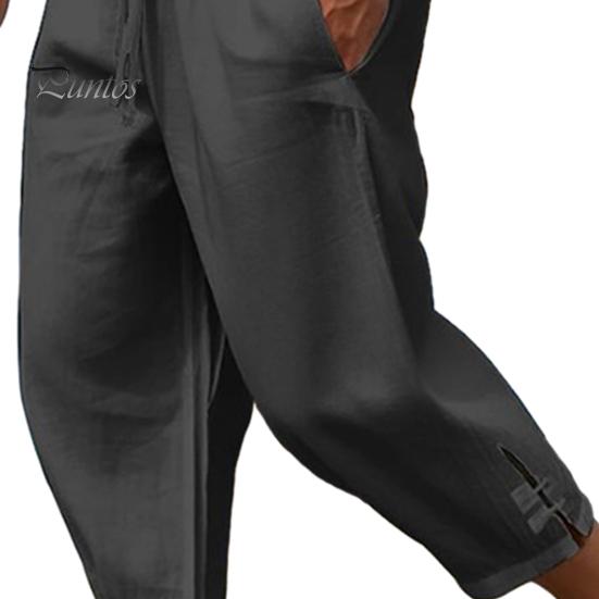 Men Cropped Pants Drawstring Elastic Waist Solid Color Loose Pockets Split Deep Crotch Soft Breathable Summer Vacation Beach