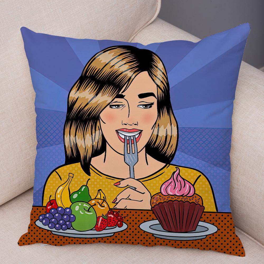 Retro Pop Art Woman Cushion Cover Healthy Junk Food Choice Cartoon Print Double Sided Home Decor Pillow Case