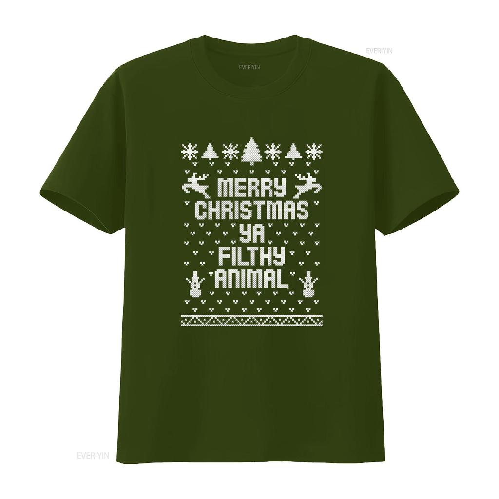 Mens Black Basic Ugly Christmas Sweater Style T Shirt with Merry Ya Filthy Animal Print vintage Washed Soft fashion Stylish