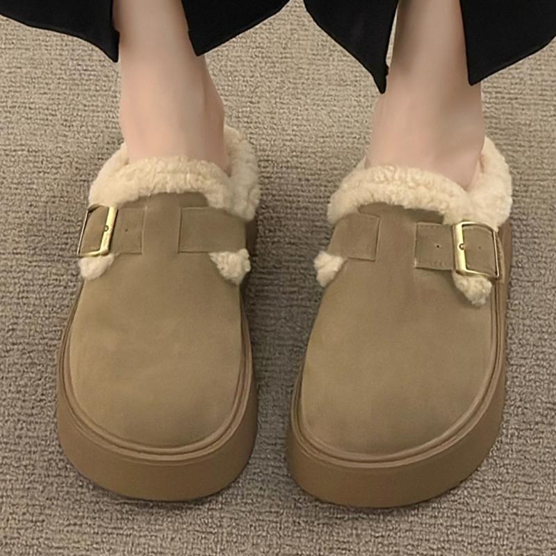 Меховые женские хлопковые тапочки на платформе из замши на плоской подошве, модные туфли-мюли, зимние туфли с открытой пяткой, женские туфли 2025 года, тренд, удобные женские туфли