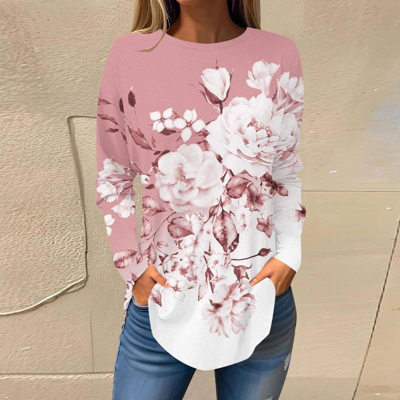 Повседневный топ с круглым вырезом и длинным рукавом, цветочная модная женская футболка большого размера с 3D-принтом, женские осенние свободные топы