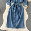 Summer Temperament Lapel Splicing Denim Vintage Dresses