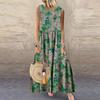 Plus Size Green Floral Printed Round Neck Sleeveless Dresses Casual Cotton Linen Beach Oversized A-line Long Dress for Women