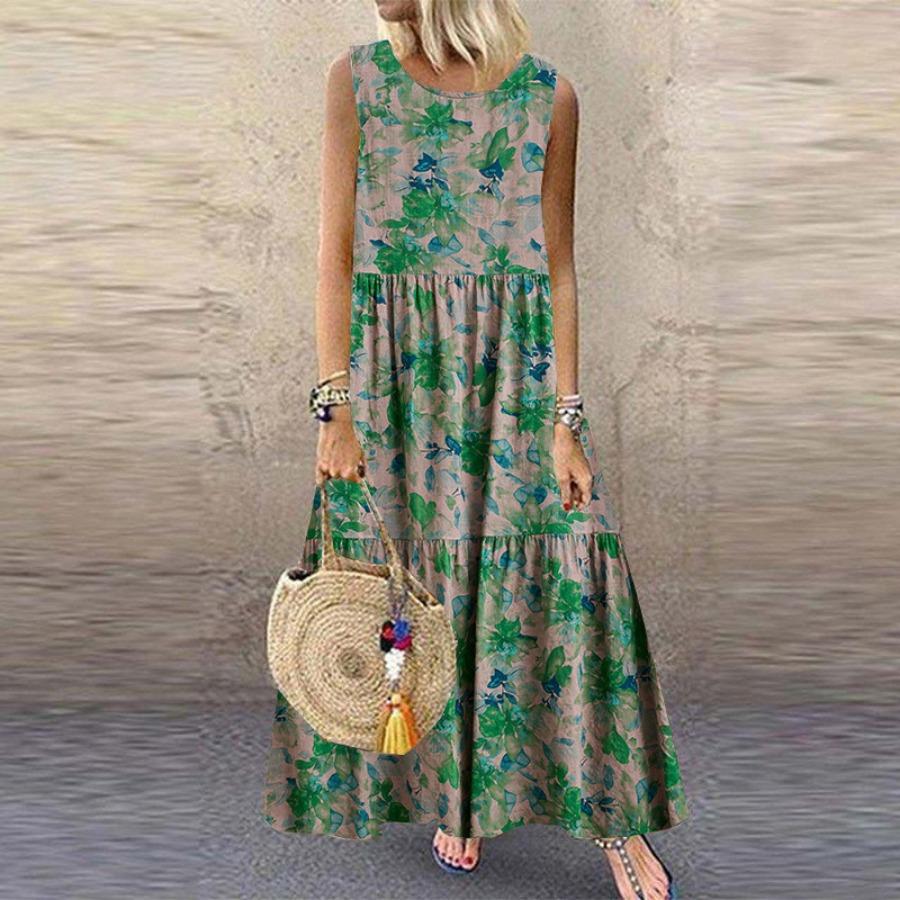 Плюс размер зеленые платья без рукавов с цветочным принтом и круглым вырезом, повседневное хлопково-льняное пляжное длинное платье трапециевидной формы большого размера для женщин