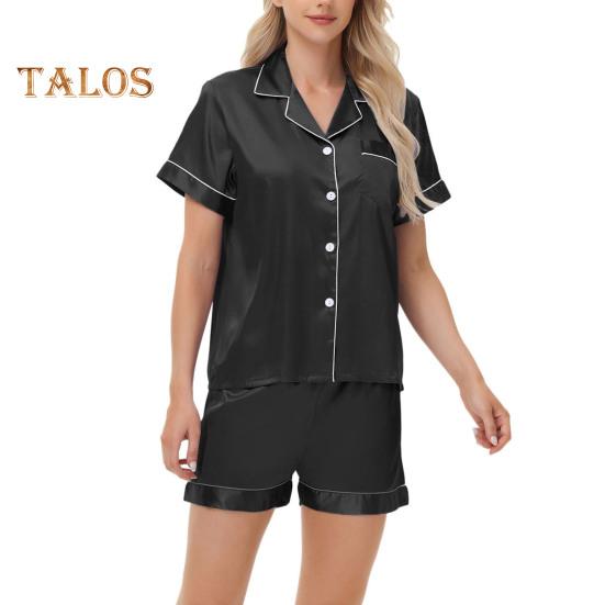 Пижамный костюм из 2 предметов, атласный однобортный кардиган, рубашка с V-образным вырезом, воротником-стойкой, однотонная рубашка с нагрудным карманом, свободные шорты, ночная рубашка, одежда для сна