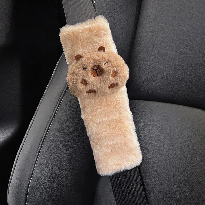 New Cute Cartoon Capybara Universal Car Seat Belt Cover Imitation Rabbit Fur Long Plush Auto Safety Shoulder Pad For Kids Ladys