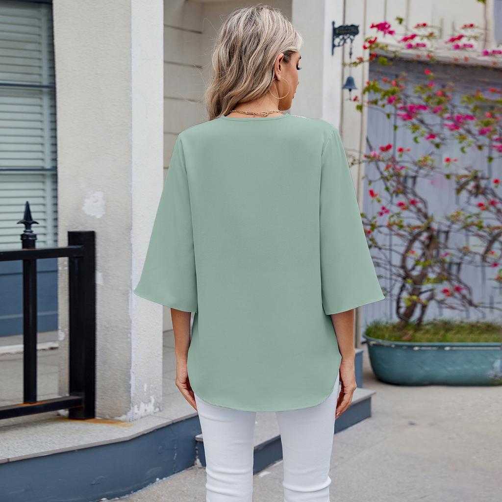 Весна и лето Новые однотонные женские топы из шифона с V-образным вырезом и рукавом средней длины