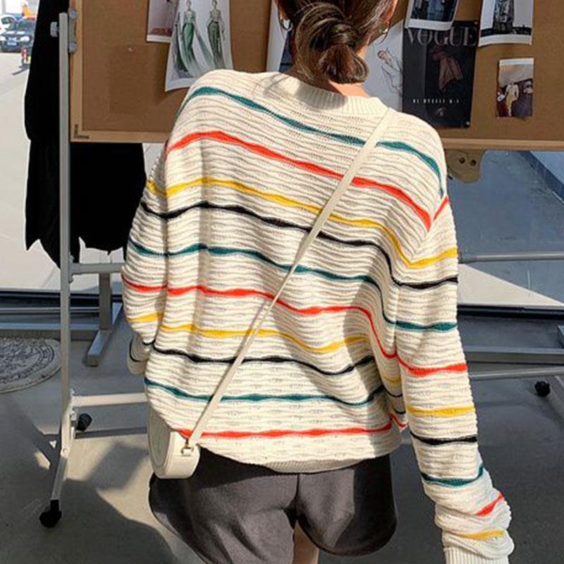 Вязаная рубашка в радужную полоску, женский ажурный свитер, рубашка с длинными рукавами на подкладке, весна/лето, внешний пуловер, женский свитер