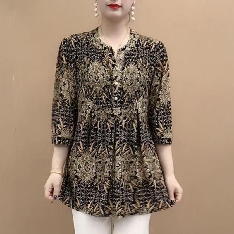 Летний женский пуловер с круглым вырезом, на пуговицах, с принтом, модный, свободный, минималистичный, универсальный, повседневный, с рукавом 3/4, шифоновый топ