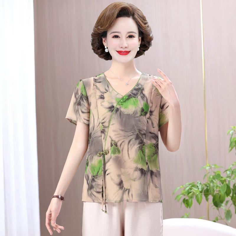LangSha Chiffon Floral Print V-Neck Short Sleeve T-Shirt
