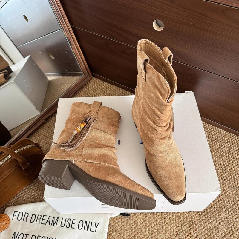Fashion Pleated Stack Vintage Women's Booties 2025 Fall New Tassel Beaded Mid-Leg Boots