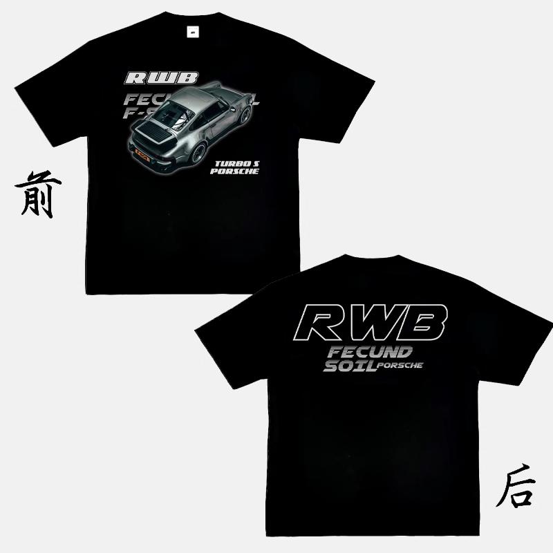 2024 RWB Car Black and White Short Sleeve JDM Car Culture T-shirt Hip Hop American Small Neckline Hiphop Top Vintage