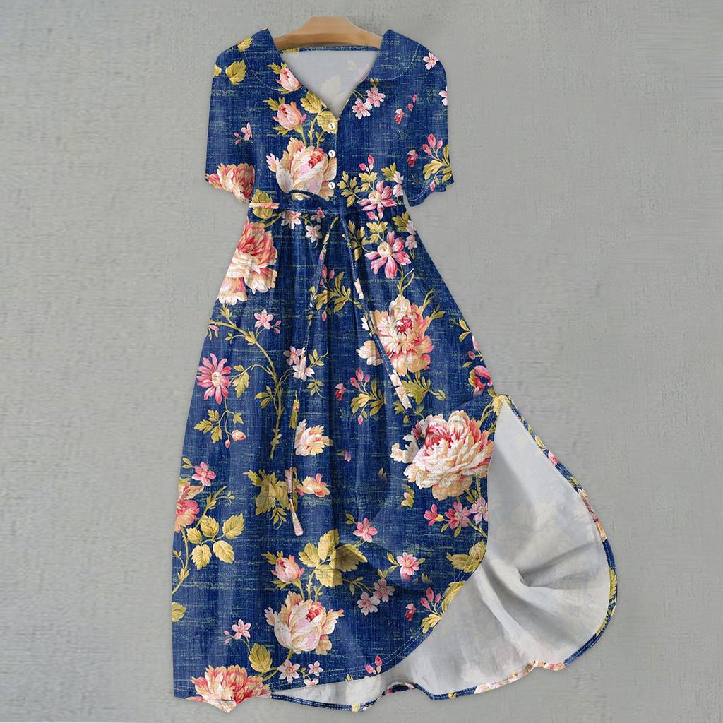 Женская мода повседневное платье с воротником с лацканами и короткими рукавами с принтом и ремнями