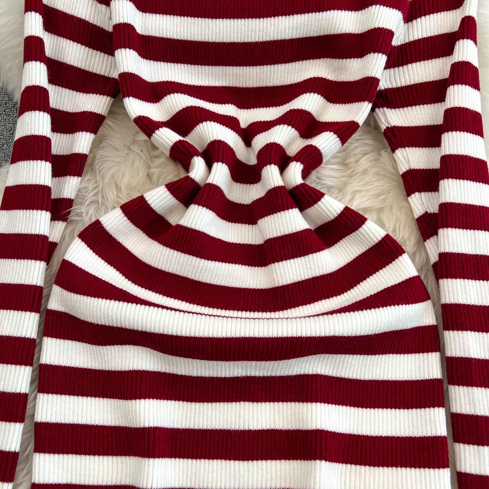 Платье-футляр с открытыми плечами Falda Sexy Mujer Slash Neck Striped Color Block Slim Knitted Bodycon Dress Autumn Wrapped Dresses ChicDresses