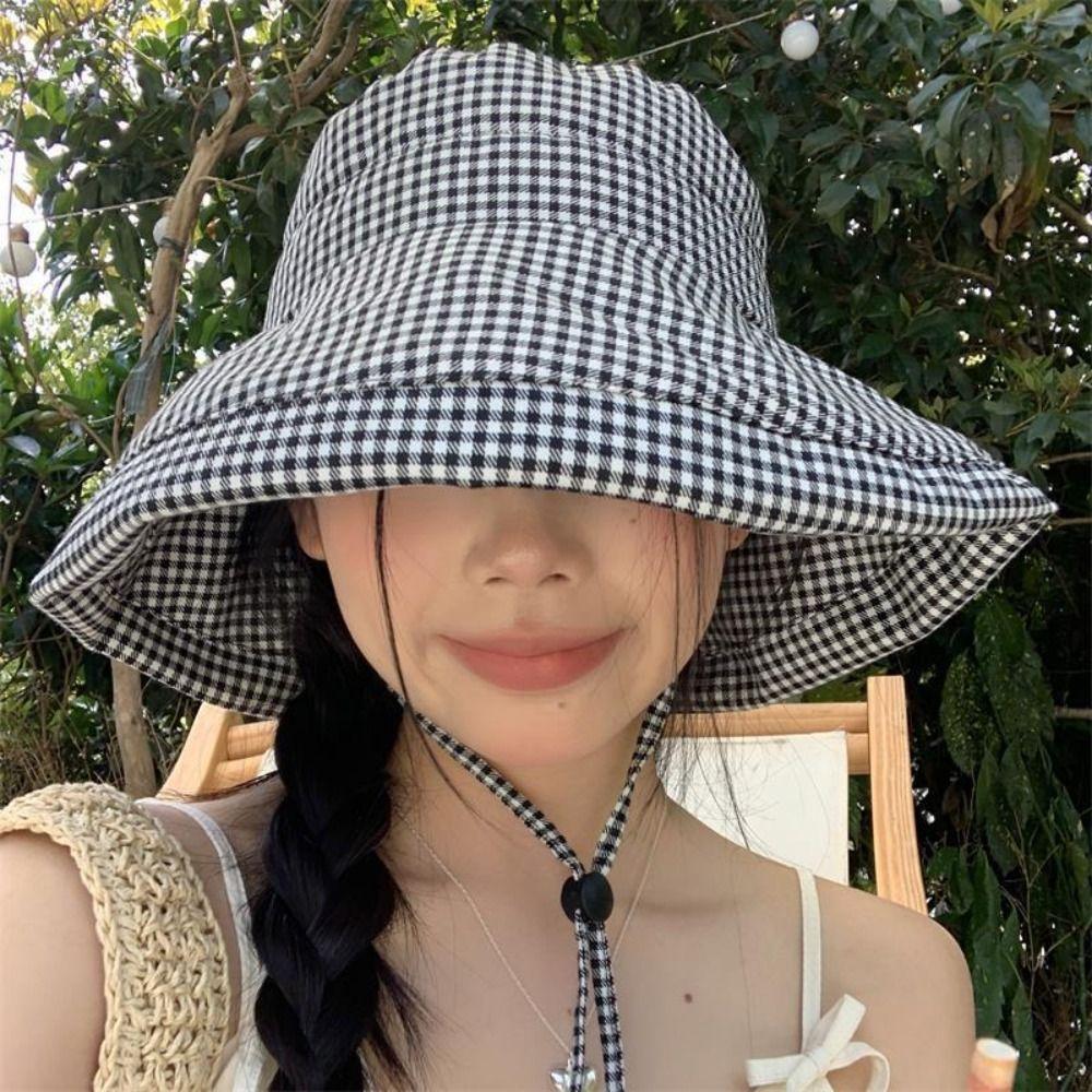 Casual Plaid Sun Hats Summer Fisherman Hat Fashion Drawstring Bucket Hats  Outdoor