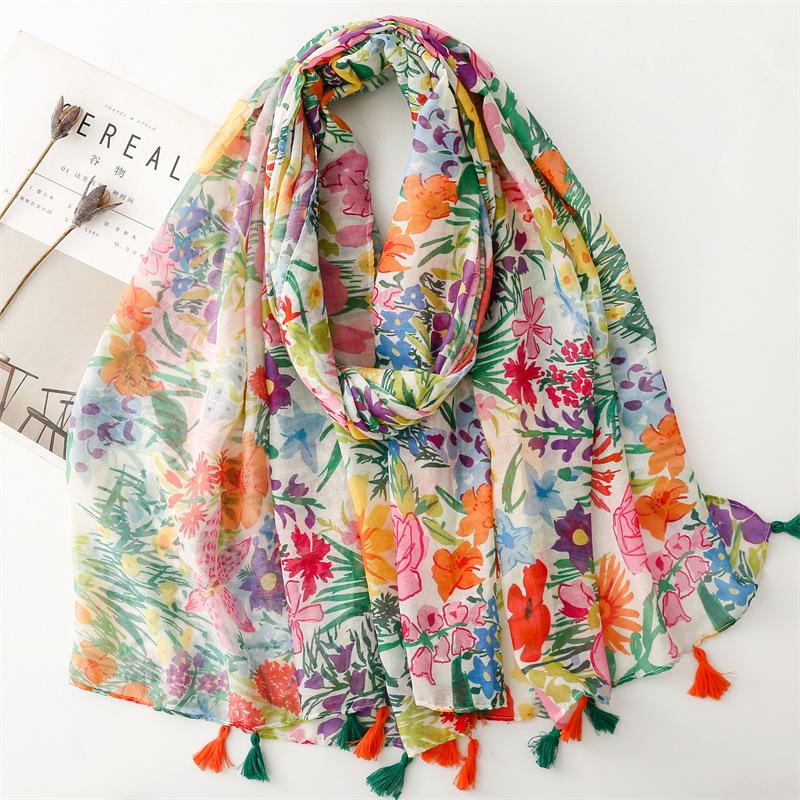 Luxury Flower Plant Women Viscose Scarf Ventilate Summer Beach Shawl Cotton Linen Feeling Tassel Pashmina Muslim Hijab Wrap Lady