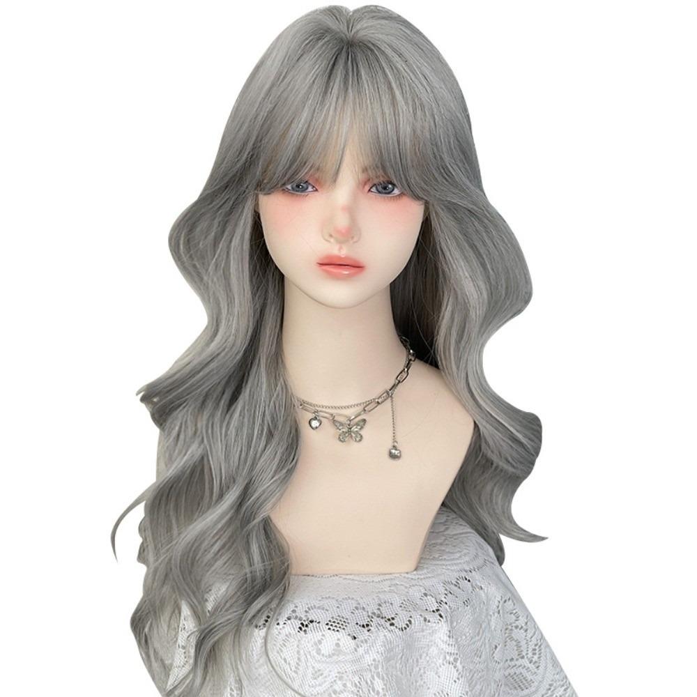 Air Bangs Grey Cosplay Wigs with Bangs Halloween Lolita Headband Wigs Long Curly Wave Hair Girl