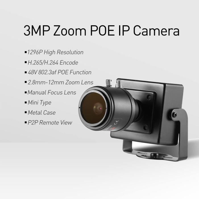 Revotech Mini 3MP POE IP Caméra,Zoom Manuel 2,8-12mm,Alimentée par PoE,Caméra Sécurité Domestique CCTV