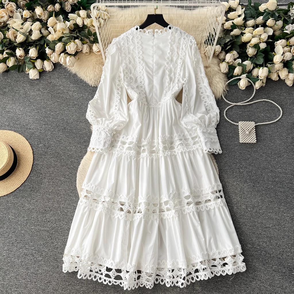 Autumn Holiday Embroidery Hollow Out Dress Women's Lantern Sleeve O Neck Lace Trims Solid Color Evening Party Midi Dresses