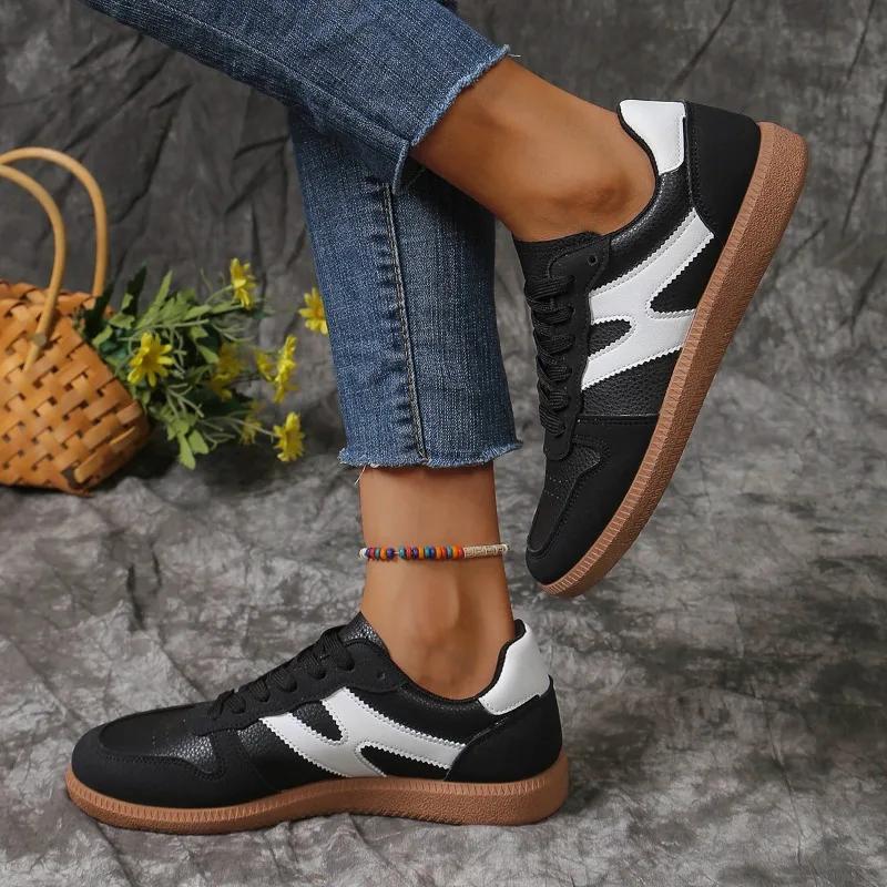 2024 New Fashion Color Matching Round Toe Sneakers Women's Vulcanized Shoes Lace-Up Shallow Mouth Comfortable Women's Shoes