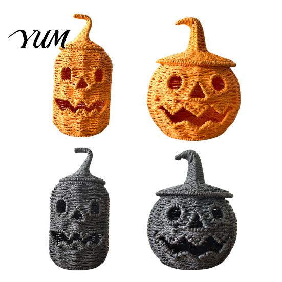 Decorative Storage Basket for Fall Handwoven Pumpkin Lantern, Vintage Rustic Halloween Decor, Hollow Smile Tiered Party Setting Accessories