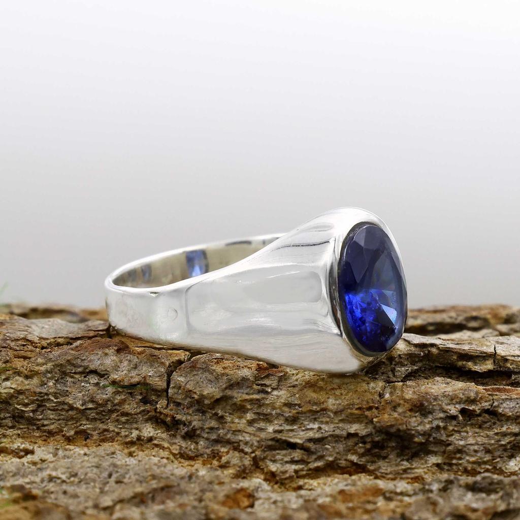 Blue Sapphire Lab Created Gemstone Ring, Mens Ring, Wedding Engagement Ring, Father Gift, Unisex Ring, 925 Sterling Silver