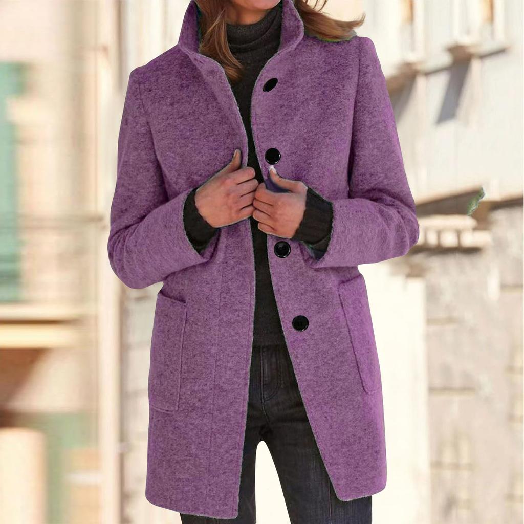 Women's Casual Coat Solid Color Long Sleeved Button Up Collar Pocket Woolen Jacket